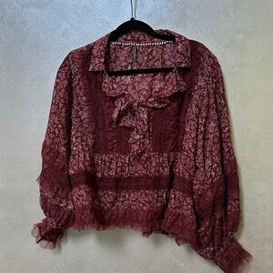EUC Anthropologie Burgundy Floral Blouse sz large